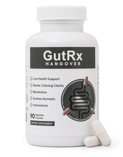 GutRx HANGOVER bottle with 90 vegetable capsules for liver health support and detoxification.