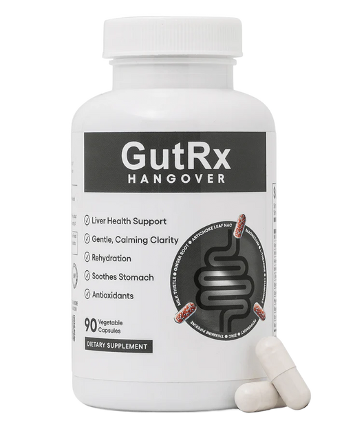 A white bottle of GutRx Hangover dietary supplement with two white capsules in the foreground, on a clean white background.