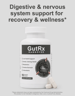 GutRx HANGOVER supplement bottle with digestive and nervous system support for recovery and wellness.