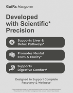 GutRx HANGOVER product image highlighting liver support, mental clarity, and digestive comfort.