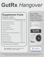 Supplement facts for GutRx HANGOVER, featuring key ingredients and health benefits for recovery support.