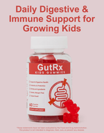 GutRx KIDS Gummies (3-12) bottle with red gummies for digestive and immune support in kids.