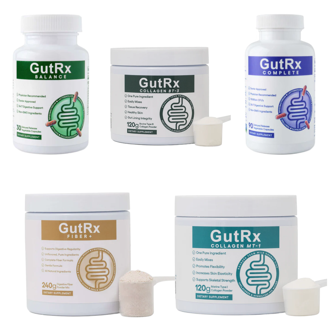Collection of GutRx supplement containers on a white background