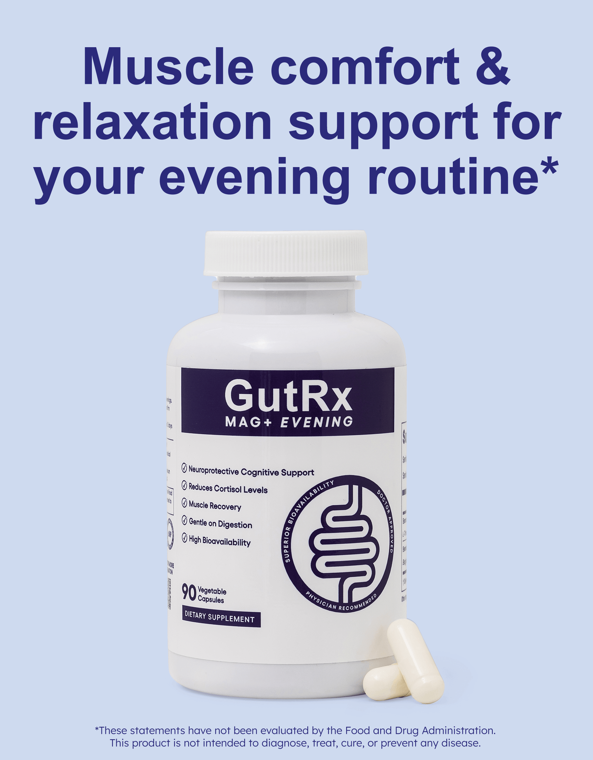 GutRx MAG+ Evening magnesium supplement for muscle comfort and relaxation support in your evening routine.