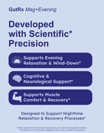 GutRx MAG+ Evening product features scientific precision for evening relaxation and muscle recovery.