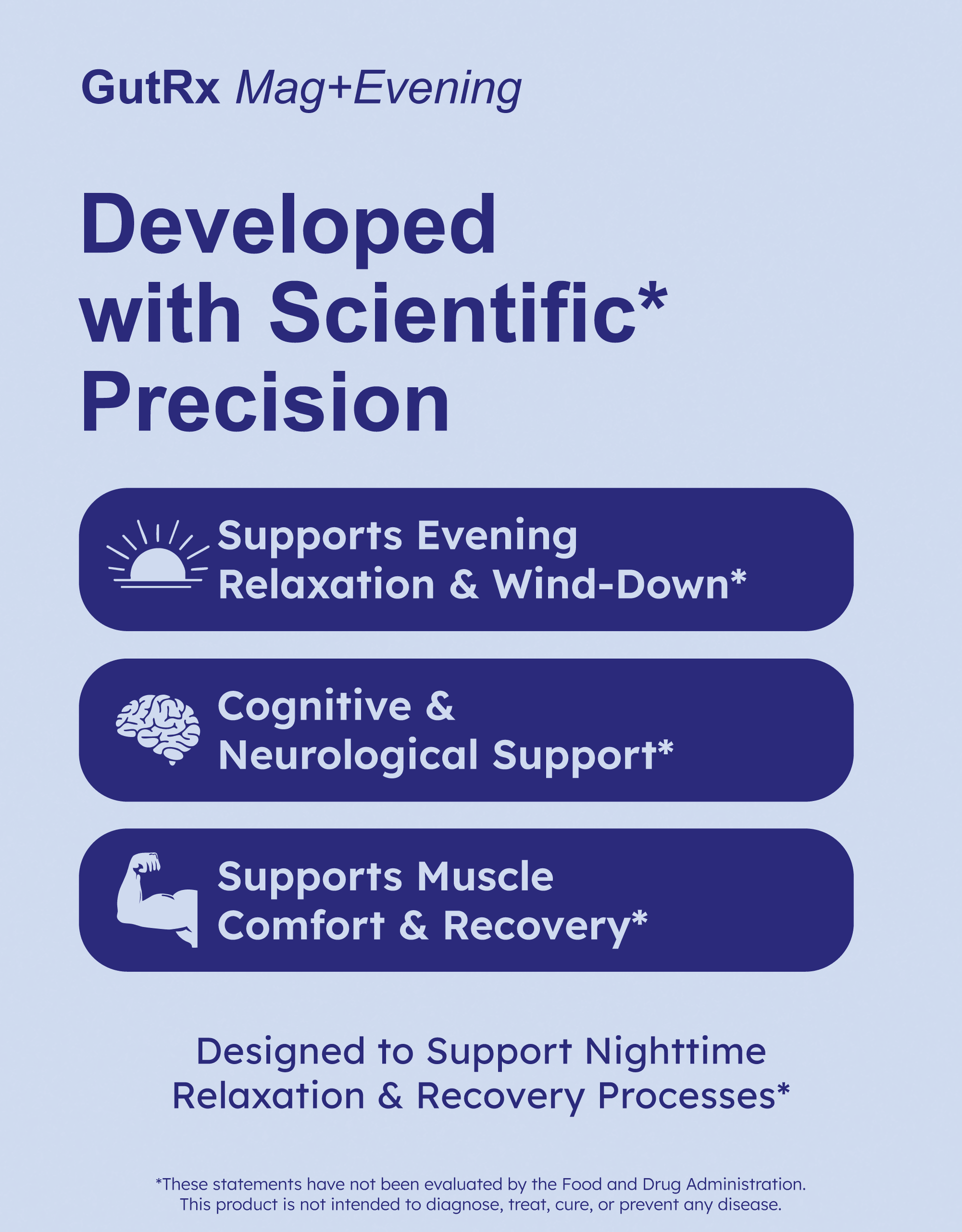 GutRx MAG+ Evening product features scientific precision for evening relaxation and muscle recovery.