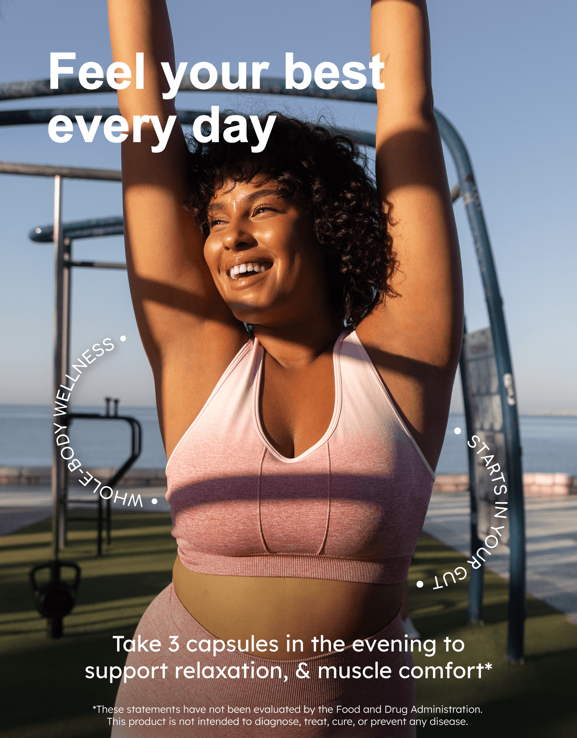 Woman enjoying outdoor relaxation, promoting GutRx MAG+ Evening for muscle comfort and sleep support.