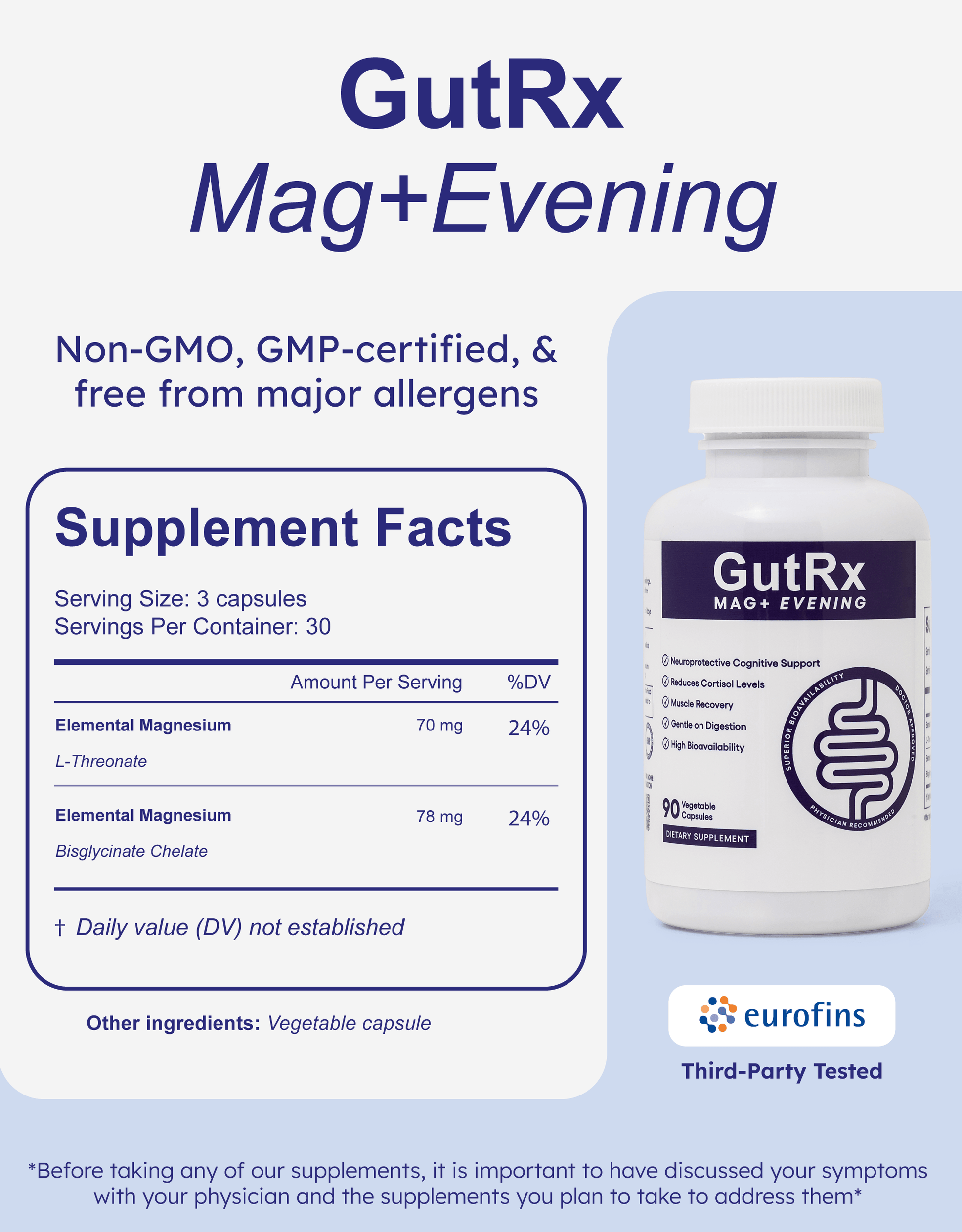 GutRx MAG+ Evening supplement facts, non-GMO, dual-form magnesium for relaxation and recovery.