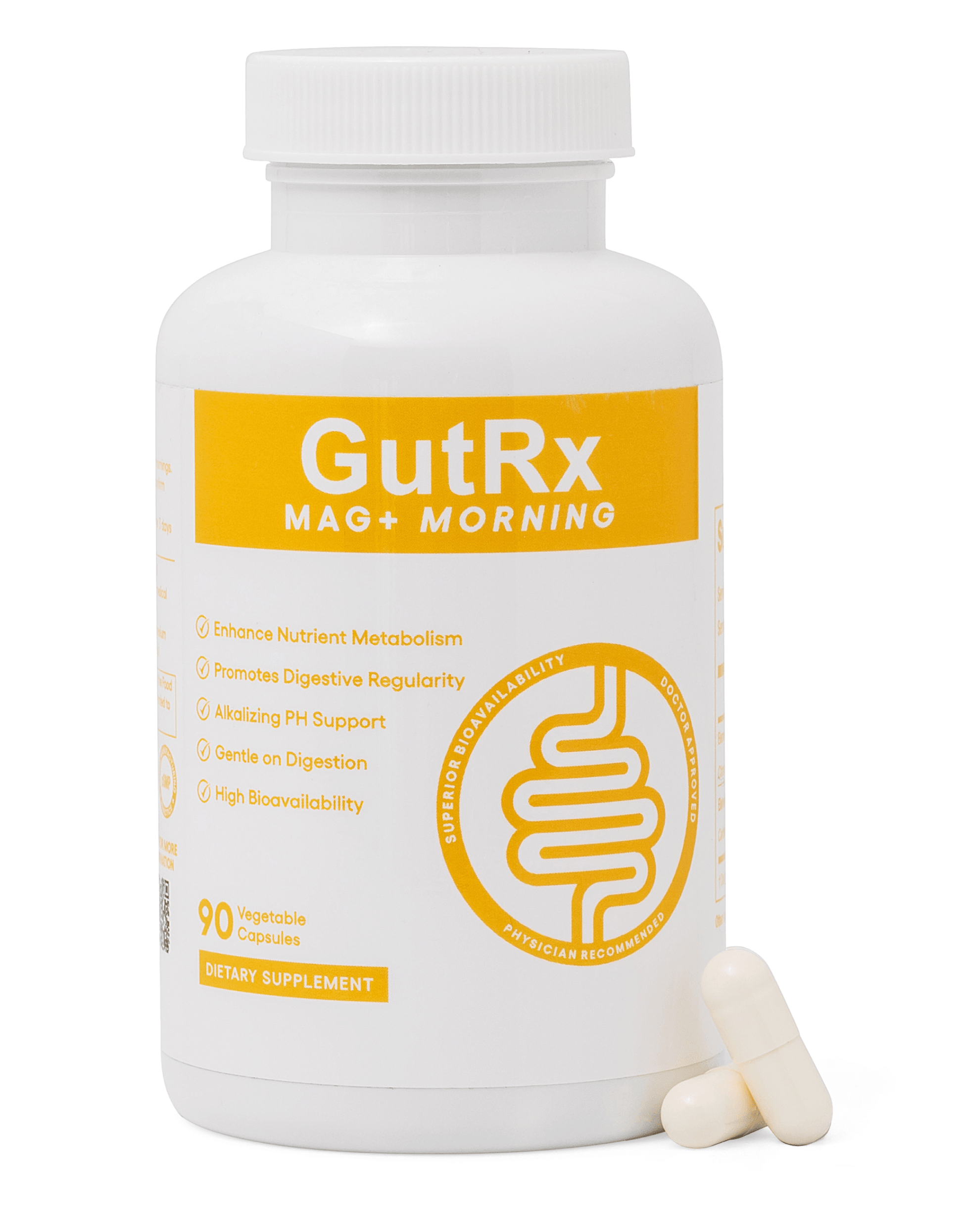 GutRx MAG+ Morning supplement bottle with vegetable capsules for digestion and nutrient metabolism support.