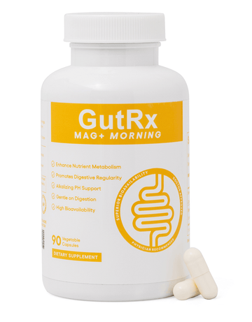 GutRx MAG+ Morning supplement bottle with vegetable capsules for digestion and nutrient metabolism support.