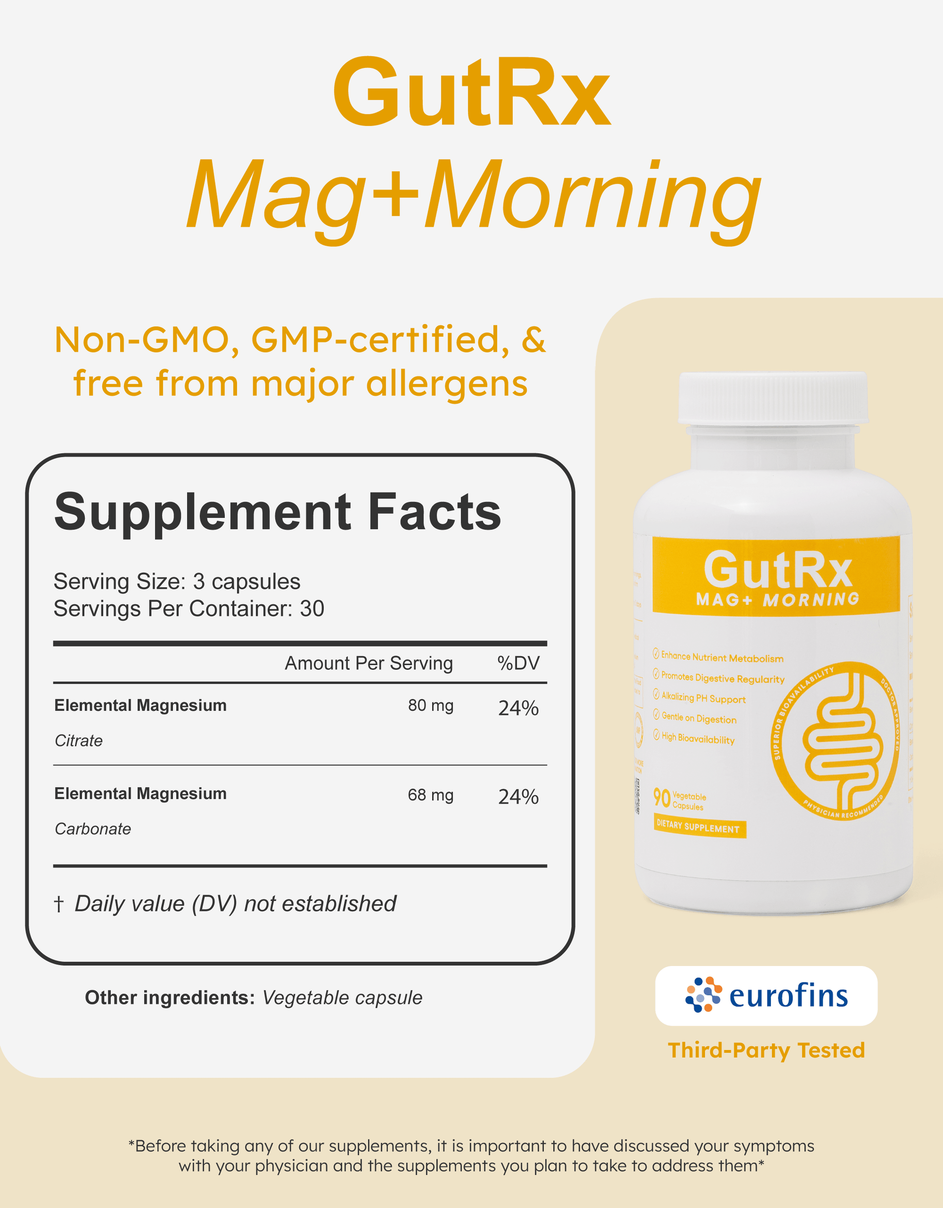 GutRx MAG+ Morning supplement facts and product details for digestive health and metabolic support.