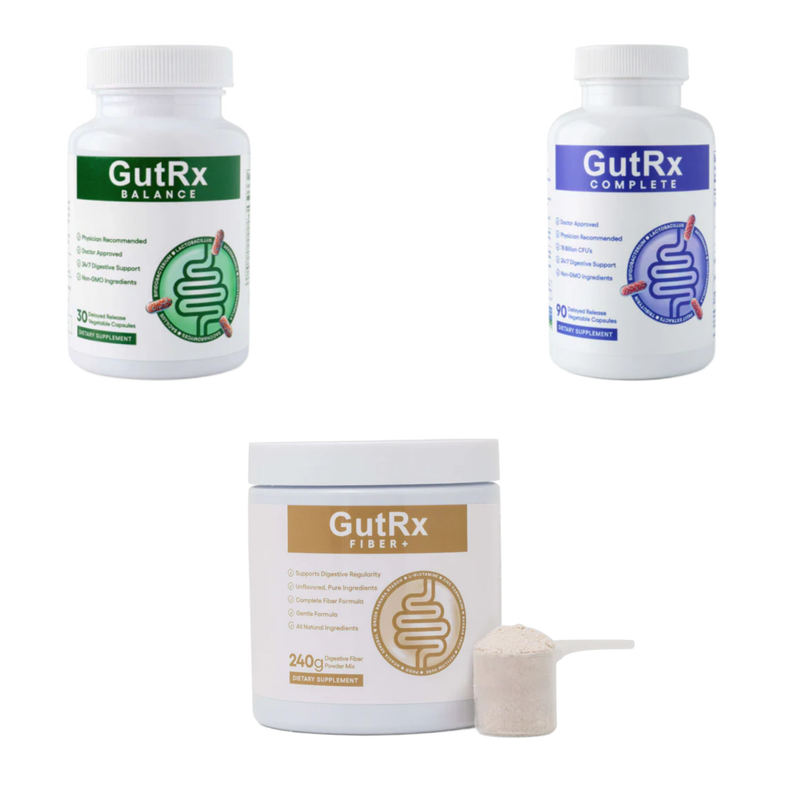 Three GutRx products on a white background