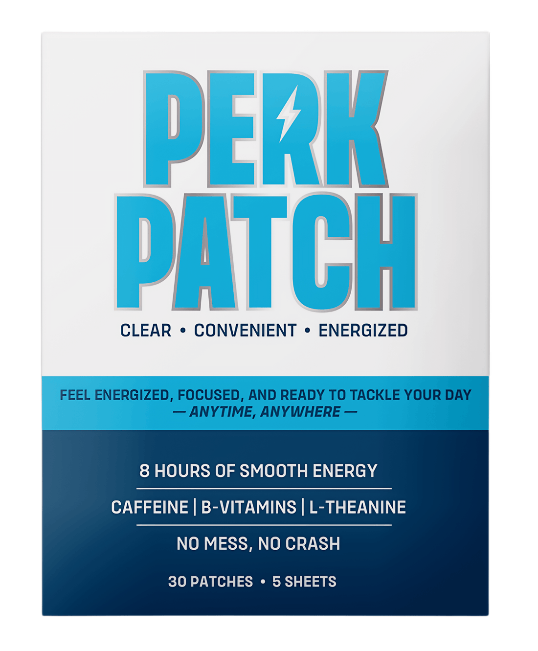 GutRx PerkPatch - Clean Energy Without the Crash or Stress packaging featuring 30 patches for smooth energy.