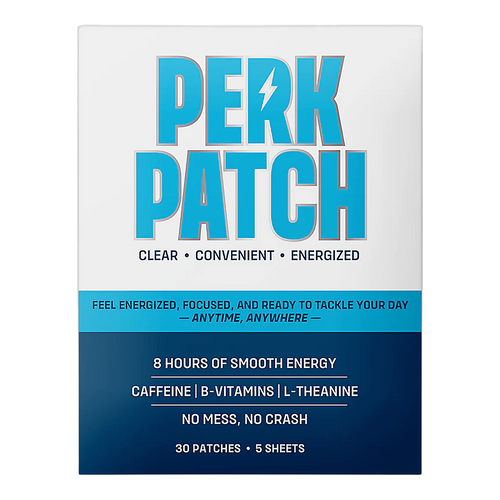 A package of Perk Patch caffeine patches with a white and dark blue design, featuring the brand name 'PERK PATCH' in large blue letters and product details including '8 HOURS OF SMOOTH ENERGY' and '30 PATCHES • 5 SHEETS'.