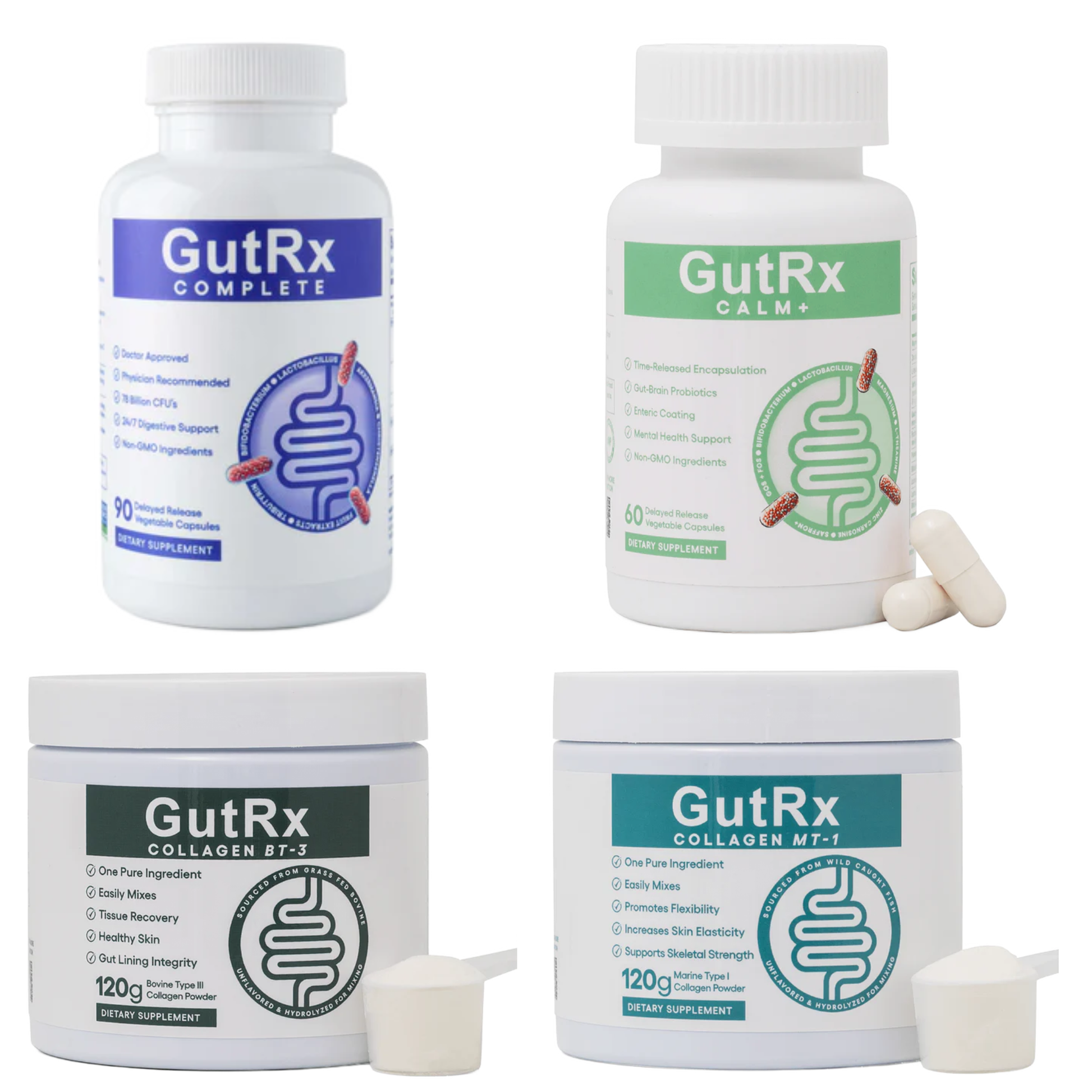 GutRx Skin Health Bundle featuring GutRx Complete, Calm+, Collagen BT-J, and Collagen M-T-J supplements.