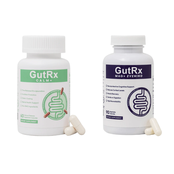 GutRx Sleep & Relaxation Bundle featuring GutRx CALM+ and GutRx MAG+ EVENING supplements.