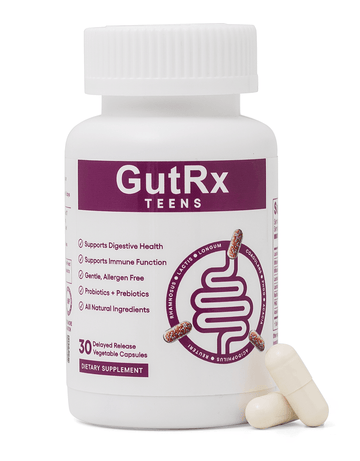 GutRx TEENS (12-17) probiotic supplement for digestive health and immune support in adolescents.