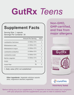 GutRx TEENS (12-17) probiotic supplement facts, including ingredients and benefits for adolescents.