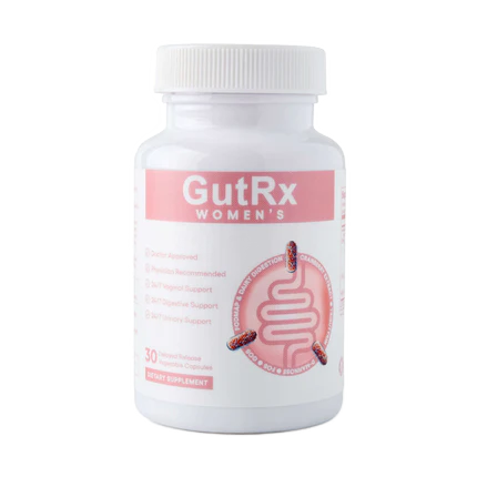 A white plastic bottle of GutRx Women's dietary supplement with a pink and white label, shown on a plain white background.