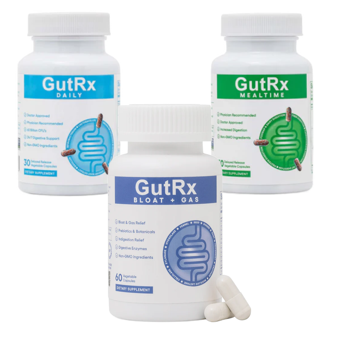 Three GutRx supplement bottles on a white background