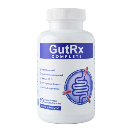 A white plastic bottle of GutRx Complete dietary supplement with a blue and white label, shown on a plain white background.