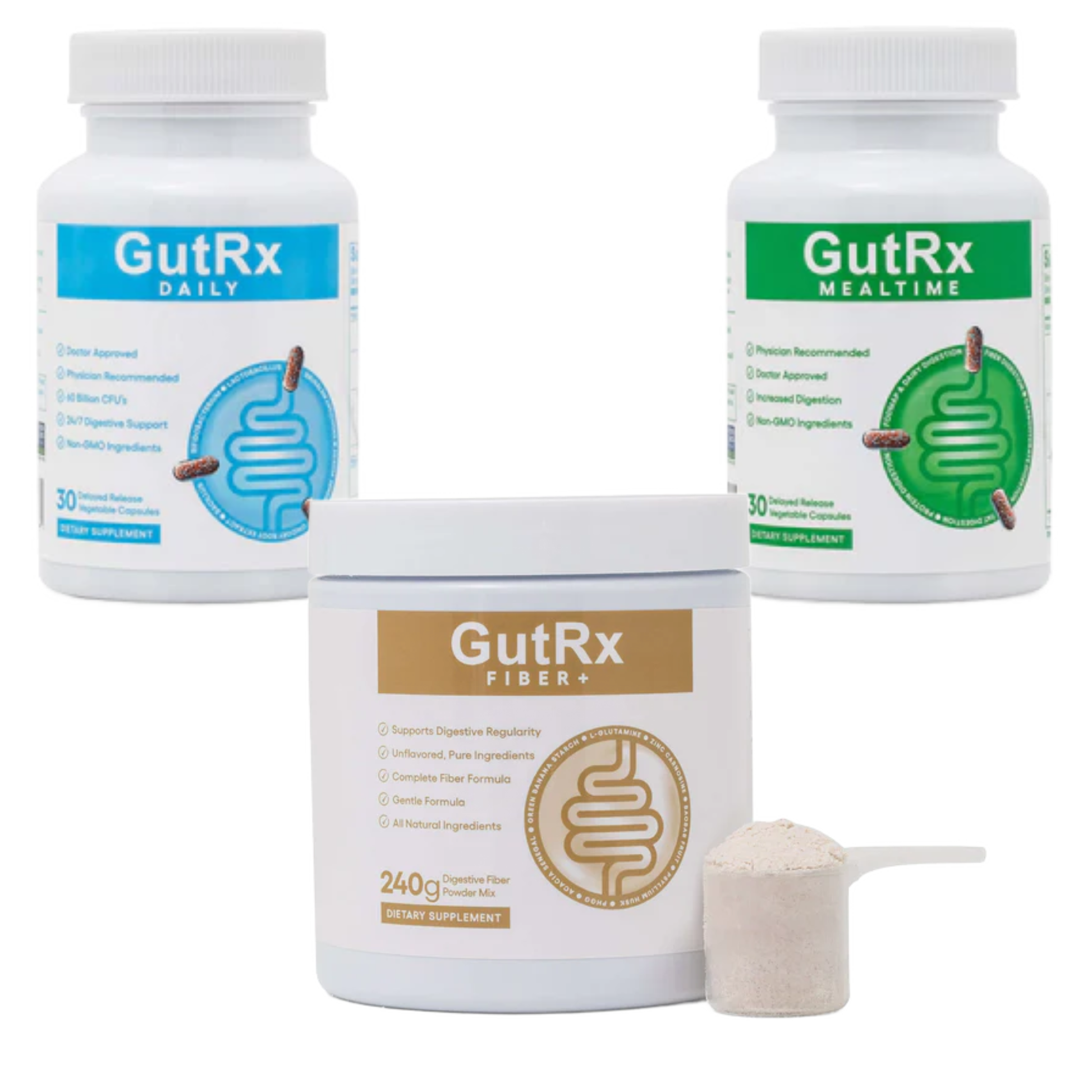 GutRx Core Routine featuring GutRx Daily, GutRx Mealtime, and GutRx Fiber in wellness product display.