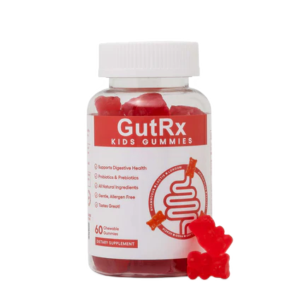 A bottle of GutRx Kids Gummies with a white cap and a white/red label, shown on a clean white background with several red gummy bears placed in front of the bottle.