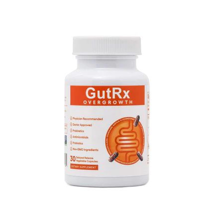 A white plastic bottle of GutRx Overgrowth dietary supplement capsules, featuring an orange and white label with a graphic of a coiled intestine and bacteria.
