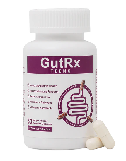 A white plastic bottle of GutRx TEENS dietary supplement with a white cap, shown on a plain white background with two capsules placed in front of the bottle.